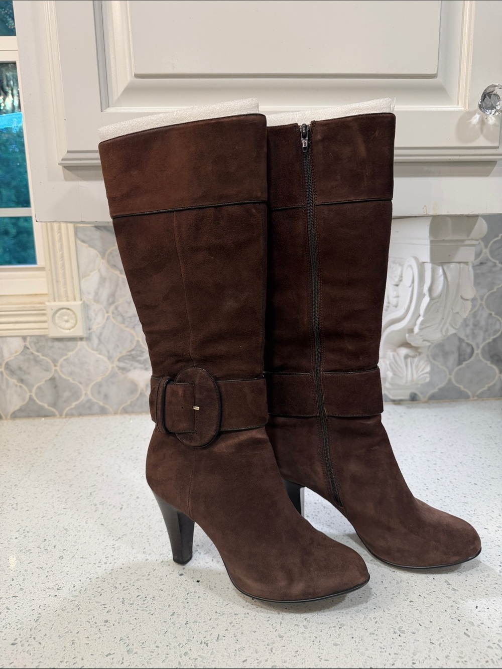 Sofft Dark Brown Suede Mid-Calf Heeled Boots with Buckle